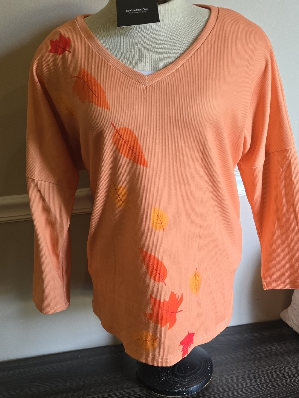 Peach V-Neck Pullover with Autumn Leaf Print